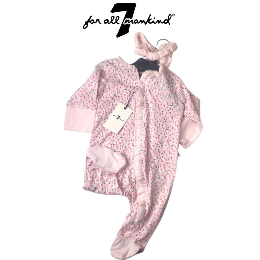 7 FOR ALL MANKIND • 0/3 Months Pink Floral Onesie & Headband Set - NWT